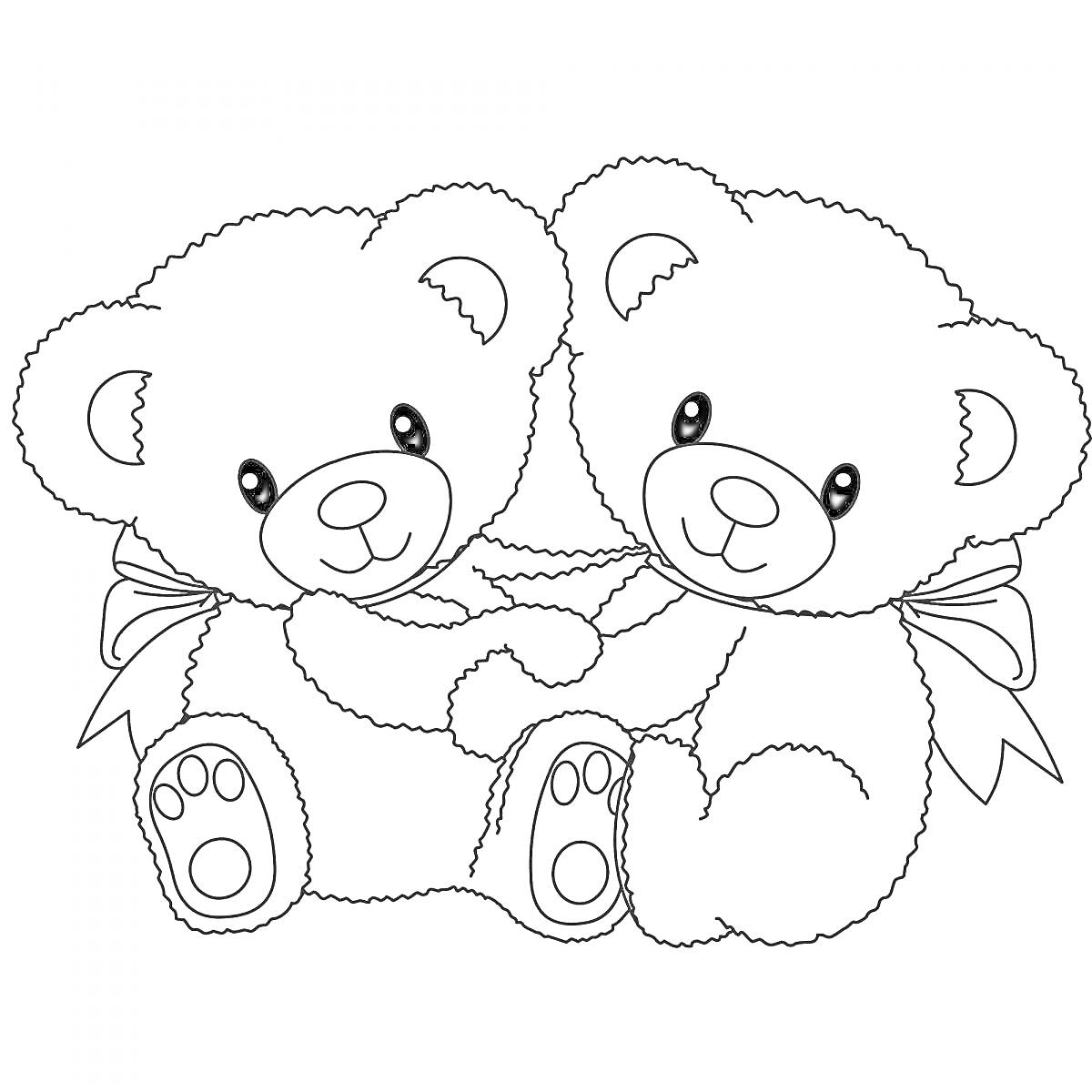 Раскраска Два медвежонка с бантиками, обнимающиеся