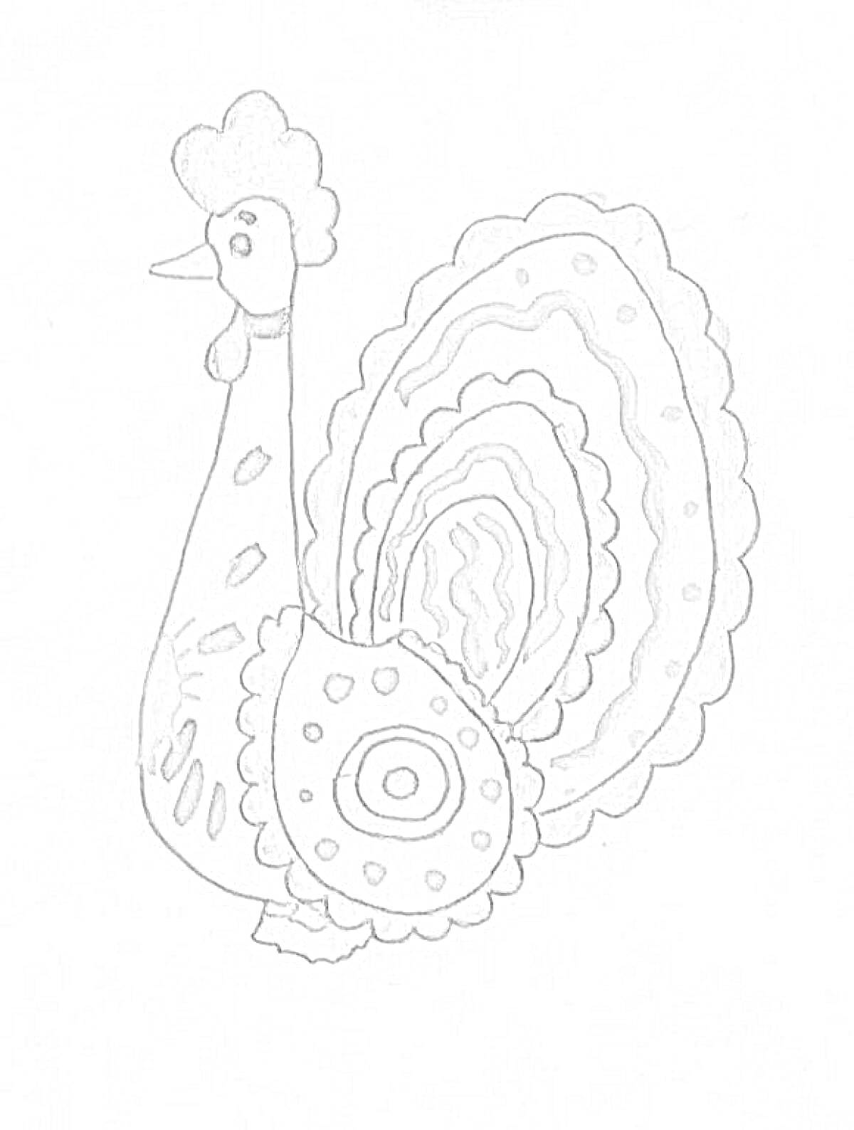 Раскраска дымковская игрушка петушок с завитками и кружочками на крыльях и хвосте