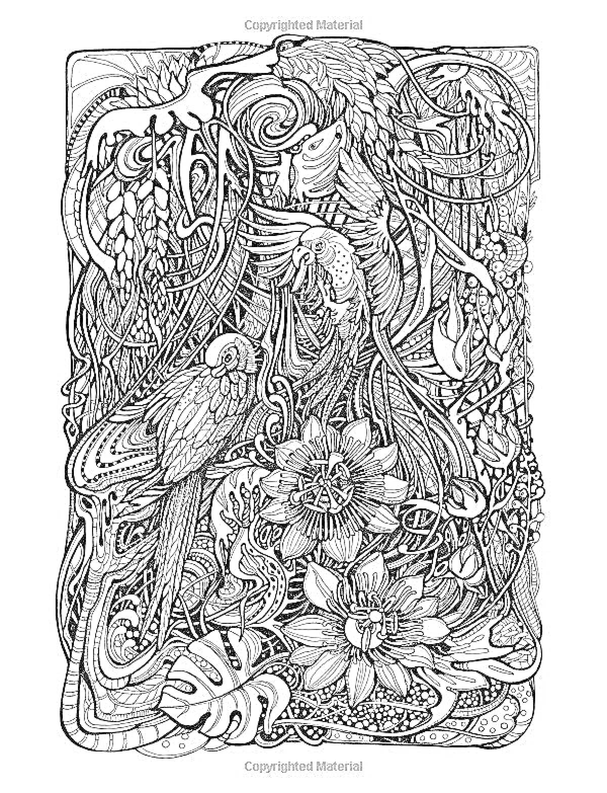 На раскраске изображено: Цветы, Листья, Узоры, Ботаника, Природа