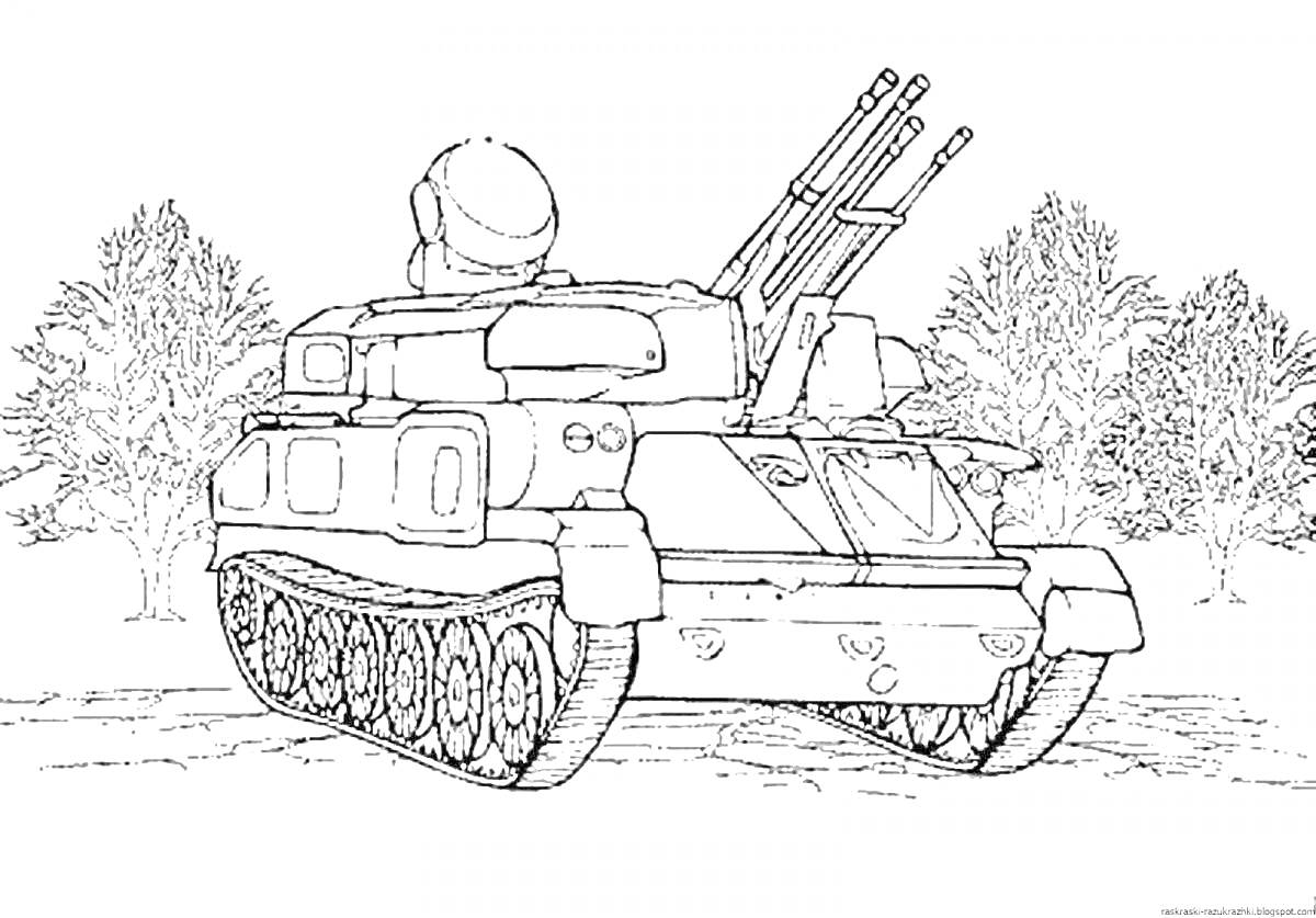 Раскраска Танковая раскраска с танком, деревьями и четырьмя пушками