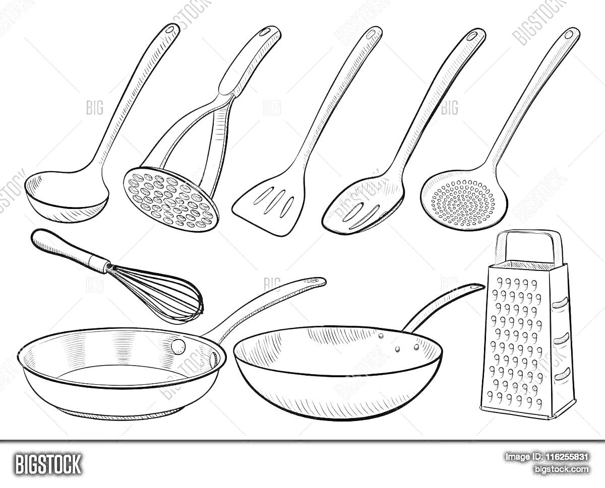 На раскраске изображено: Кухонная утварь, Половник, Шумовка, Венчик, Сковорода, Терка, Кухонные принадлежности, Столовая посуда