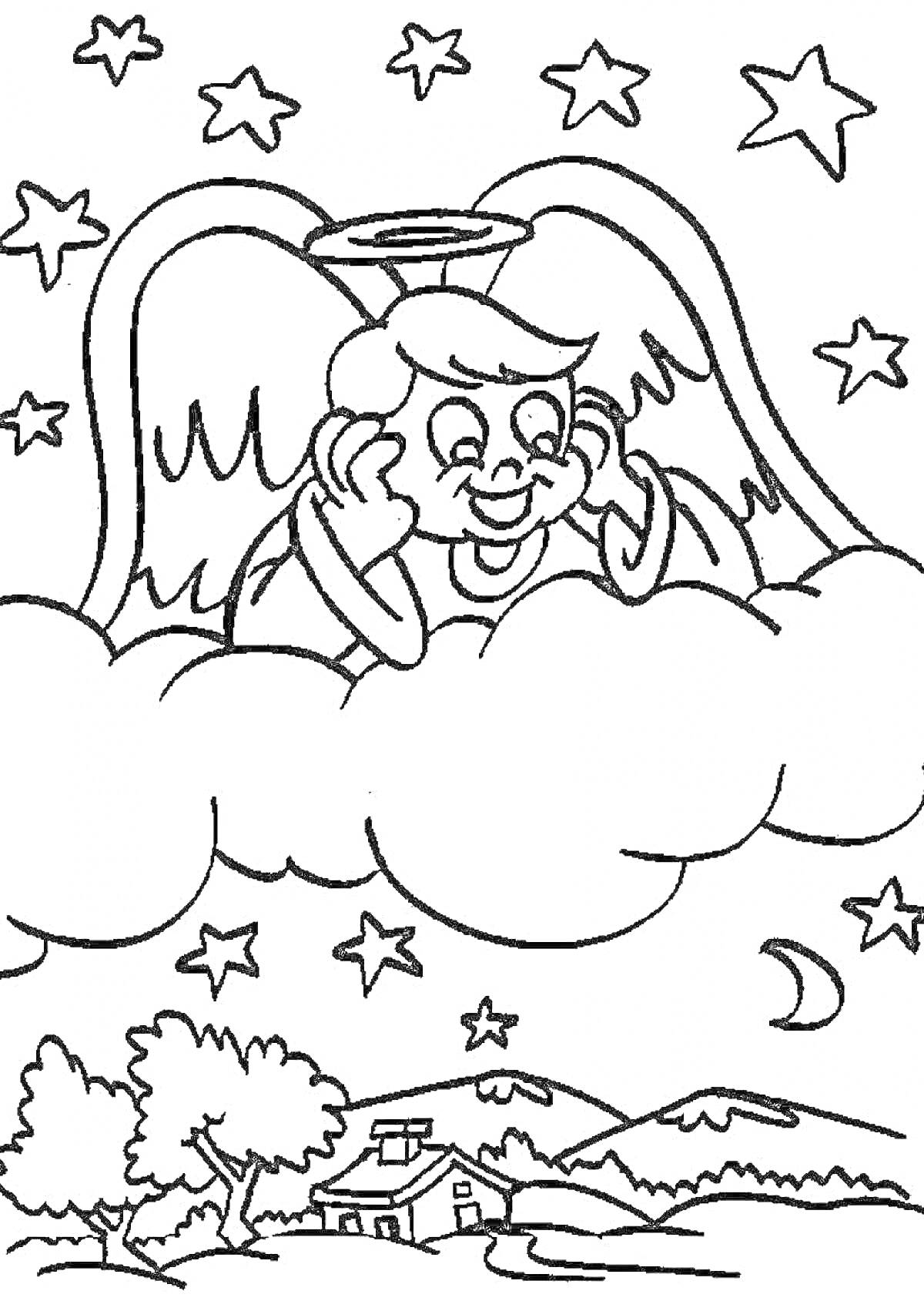 Раскраска Ангел на облаке с пейзажем, несколько звезд и полумесяц на фоне деревни с холмами и деревьями