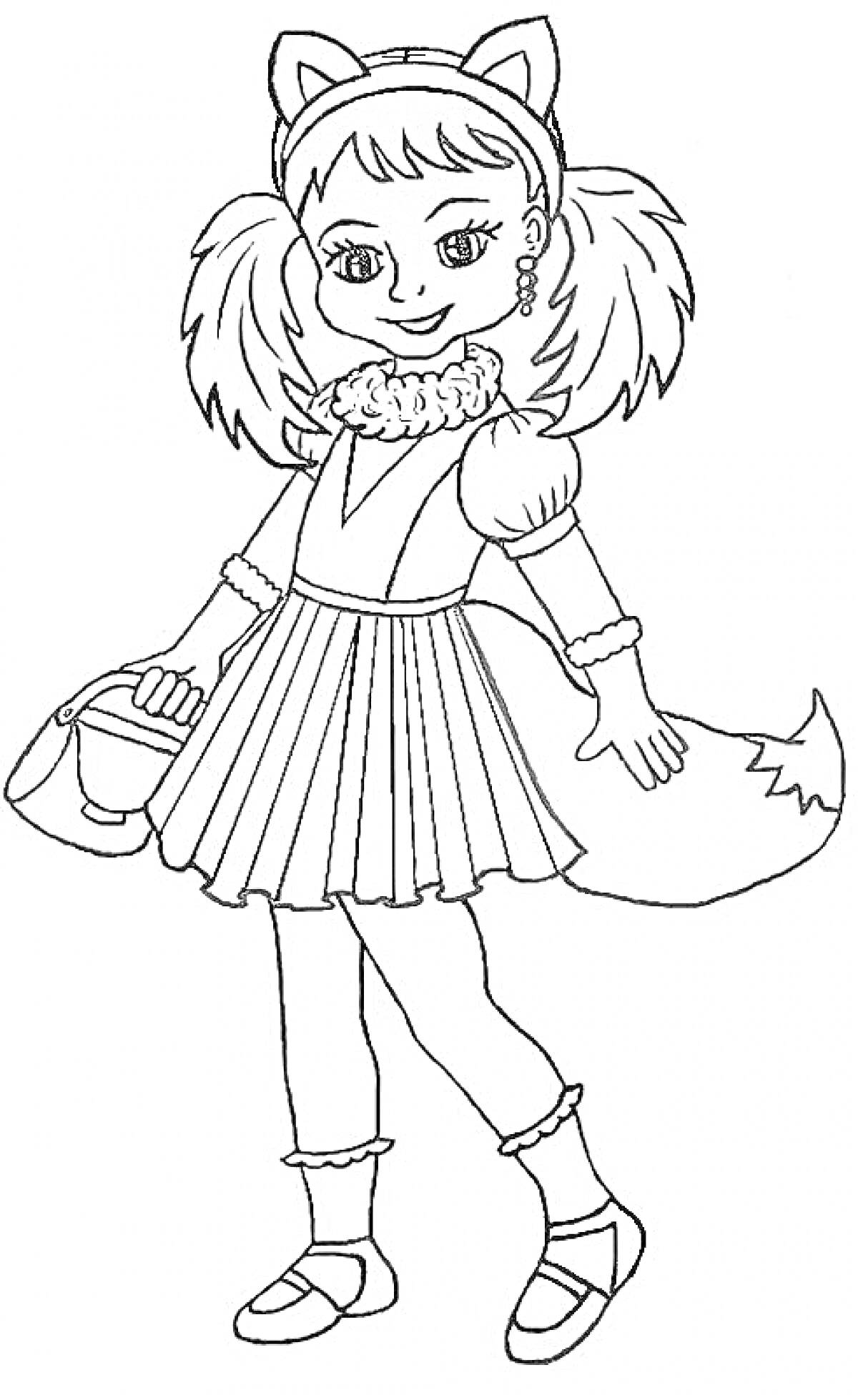 Девочка в костюме лисички с обручем с ушками, юбкой, манжетами, хвостом и сумочкой