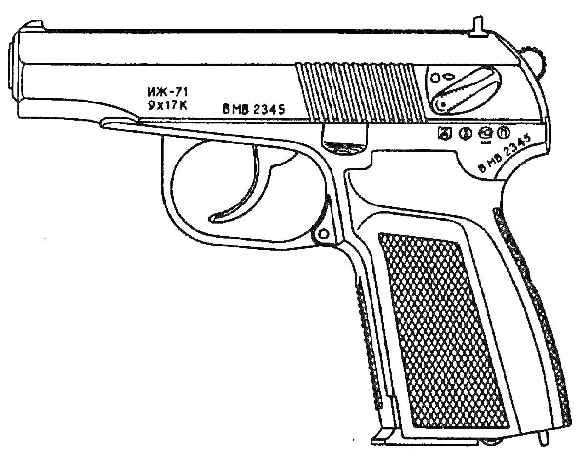 Раскраска Пистолет Макарова, модель ИЖ-71 с текстурированной рукояткой, спусковым крючком, предохранителем и маркировкой 9х17К