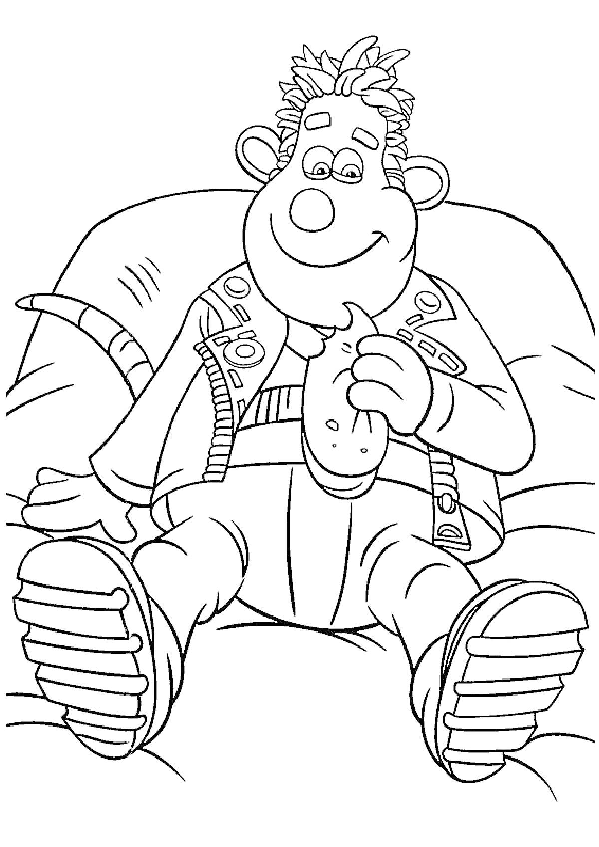 Раскраска Плюшевый персонаж с бутербродом на диване