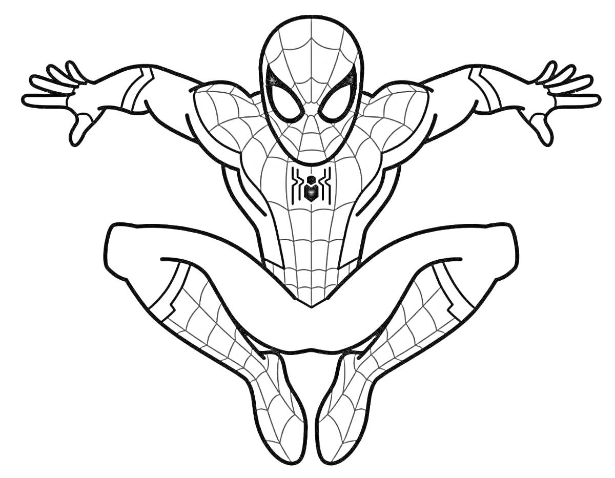 Раскраска Человек-паук в прыжке, костюм с паучьим логотипом
