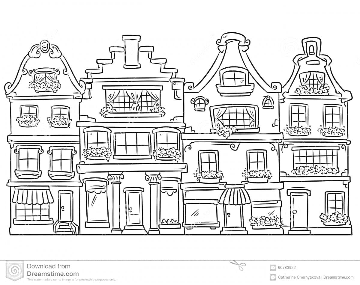 Раскраска Здание в стиле модерн с узорными фасадами, большими окнами, балконами, цветочными горшками и витринами