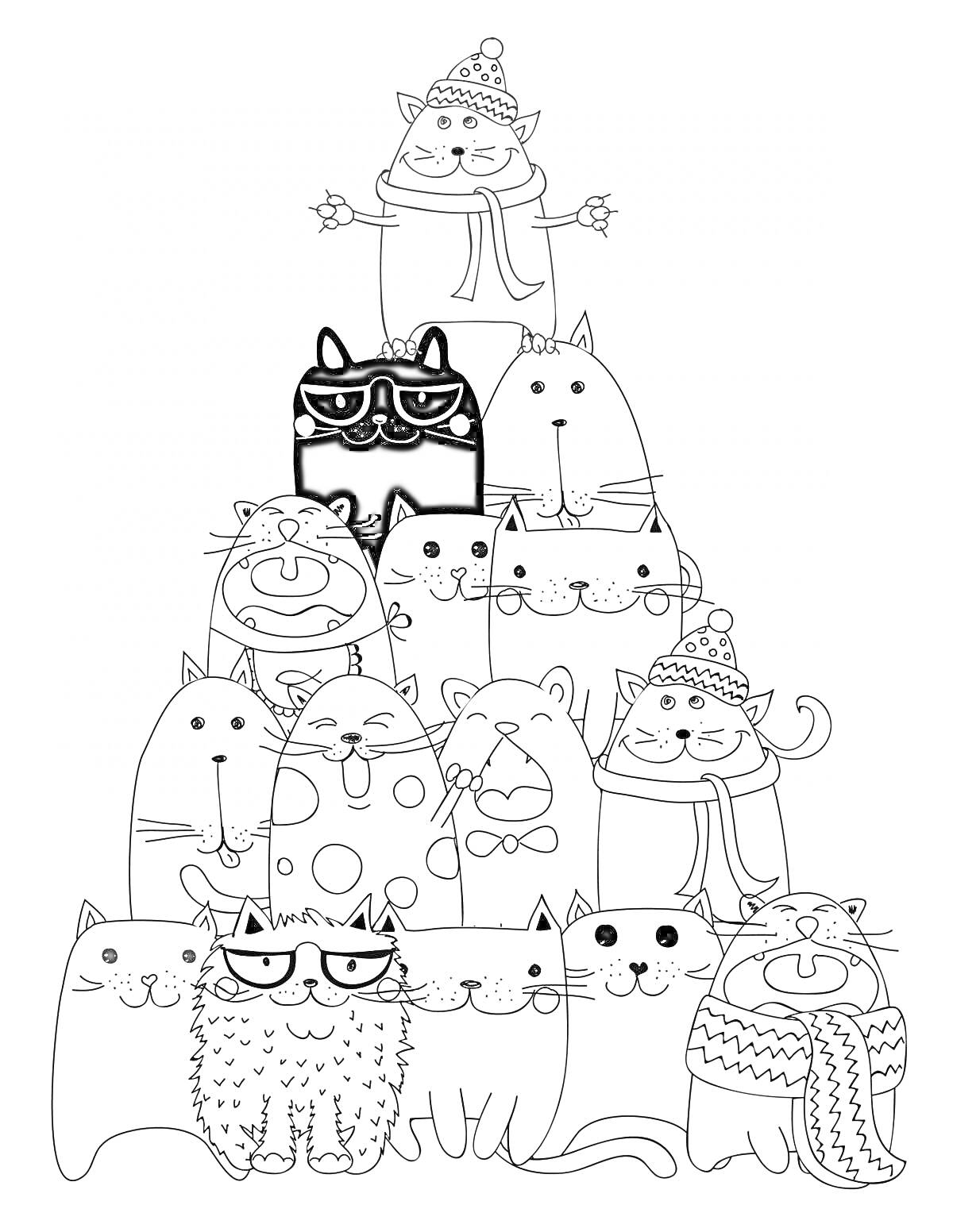 На раскраске изображено: Шапка, Шарф, Очки, Улыбка, Кот, Новый год, Пирамида