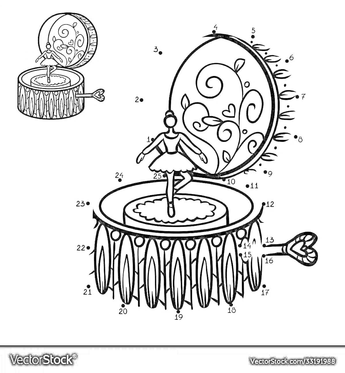 На раскраске изображено: Музыкальная шкатулка, Балерина, Завитки, Ноты, Линии, Музыка, Арт