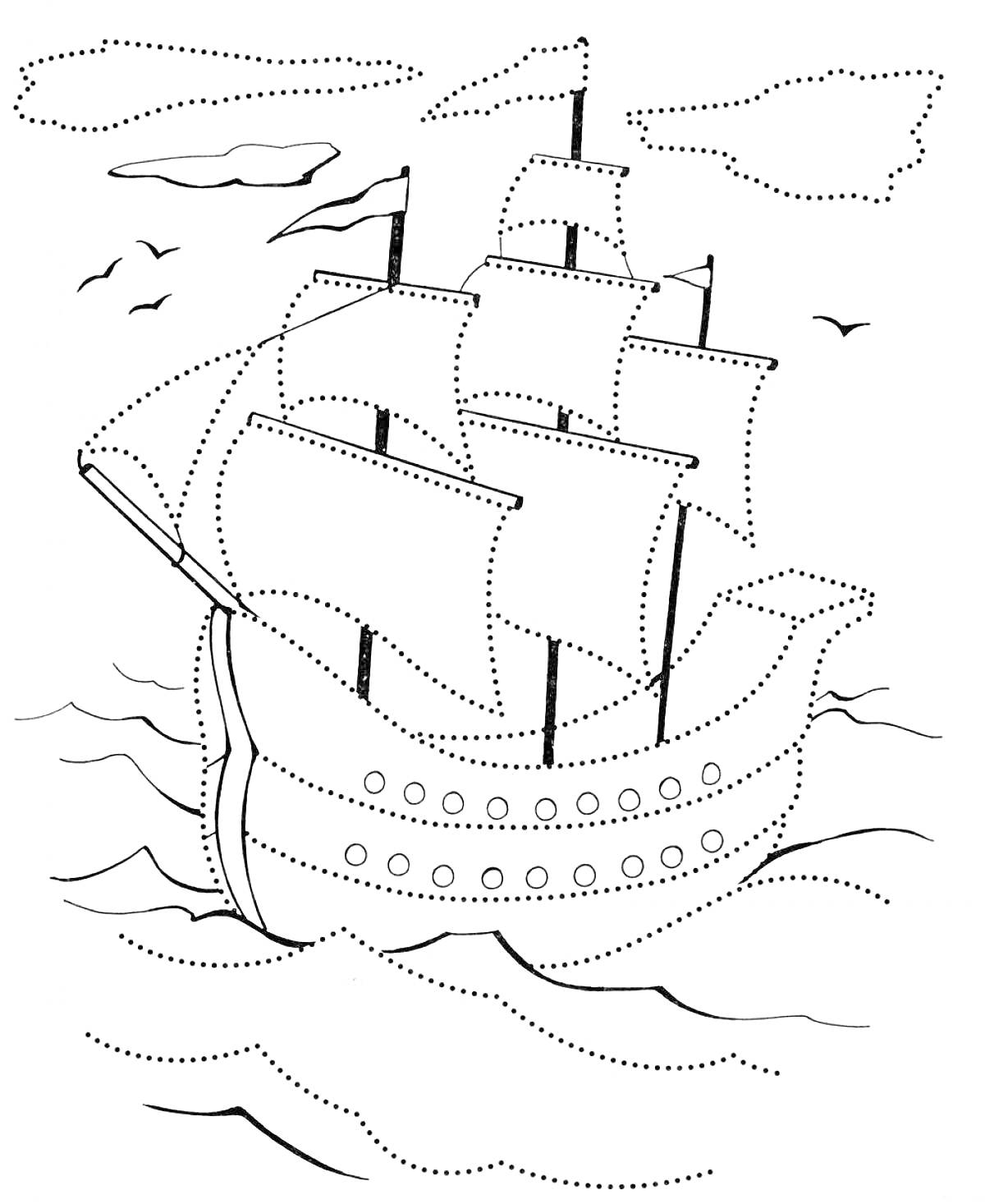 На раскраске изображено: Корабль, Паруса, Волны, Облака, Для дошкольников