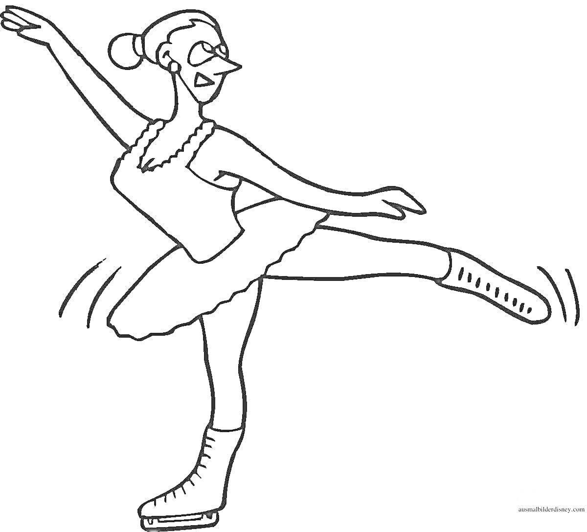 Раскраска фигуристка в платье и коньках на льду с поднятой рукой и вытянутой ногой