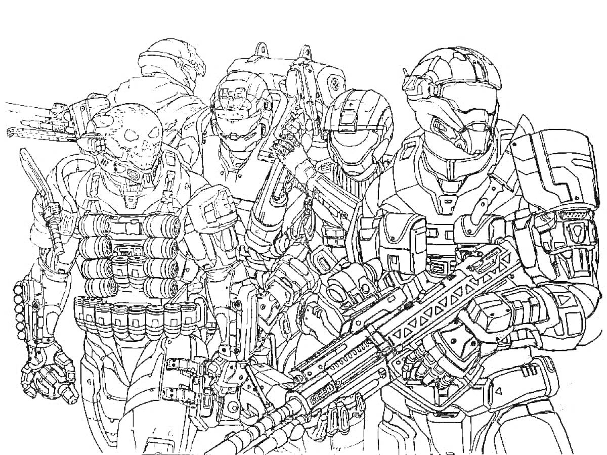 На раскраске изображено: Стрелялки, Оружие, Боевая экипировка, Шлемы, Боевые костюмы, Будущее