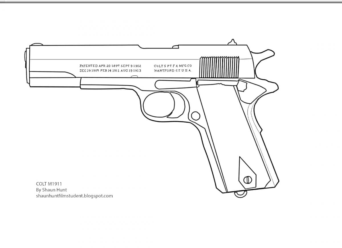 Раскраска Пистолет COLT M1911, контурное изображение