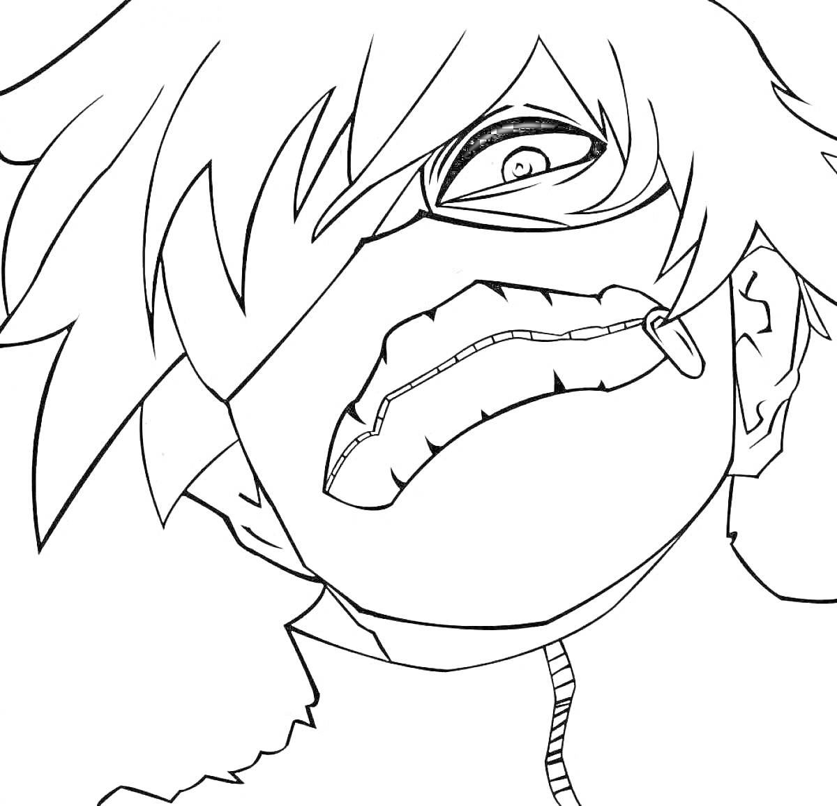 Раскраска Аниме персонаж с маской, одним закрытым глазом и швами на лице