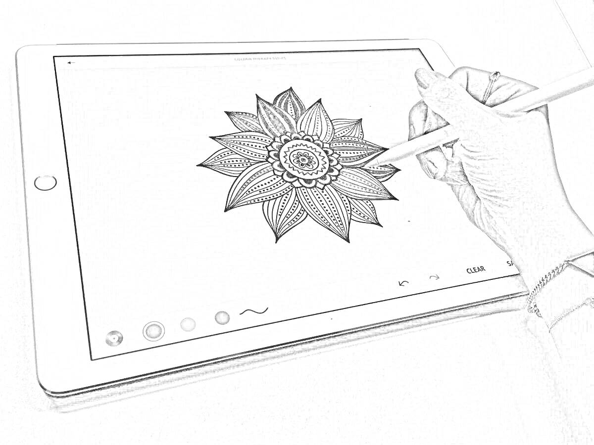 Графический планшет с нарисованной цветочной мандалой, рука с стилусом