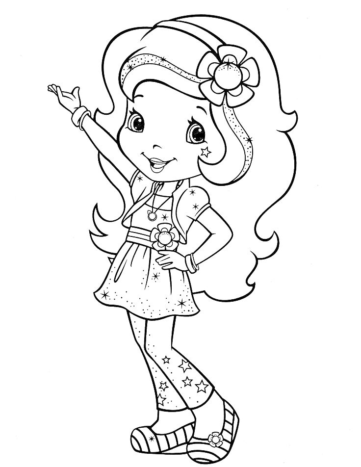 Раскраска Девочка с длинными волосами и цветком на голове в платье с узором звездочек
