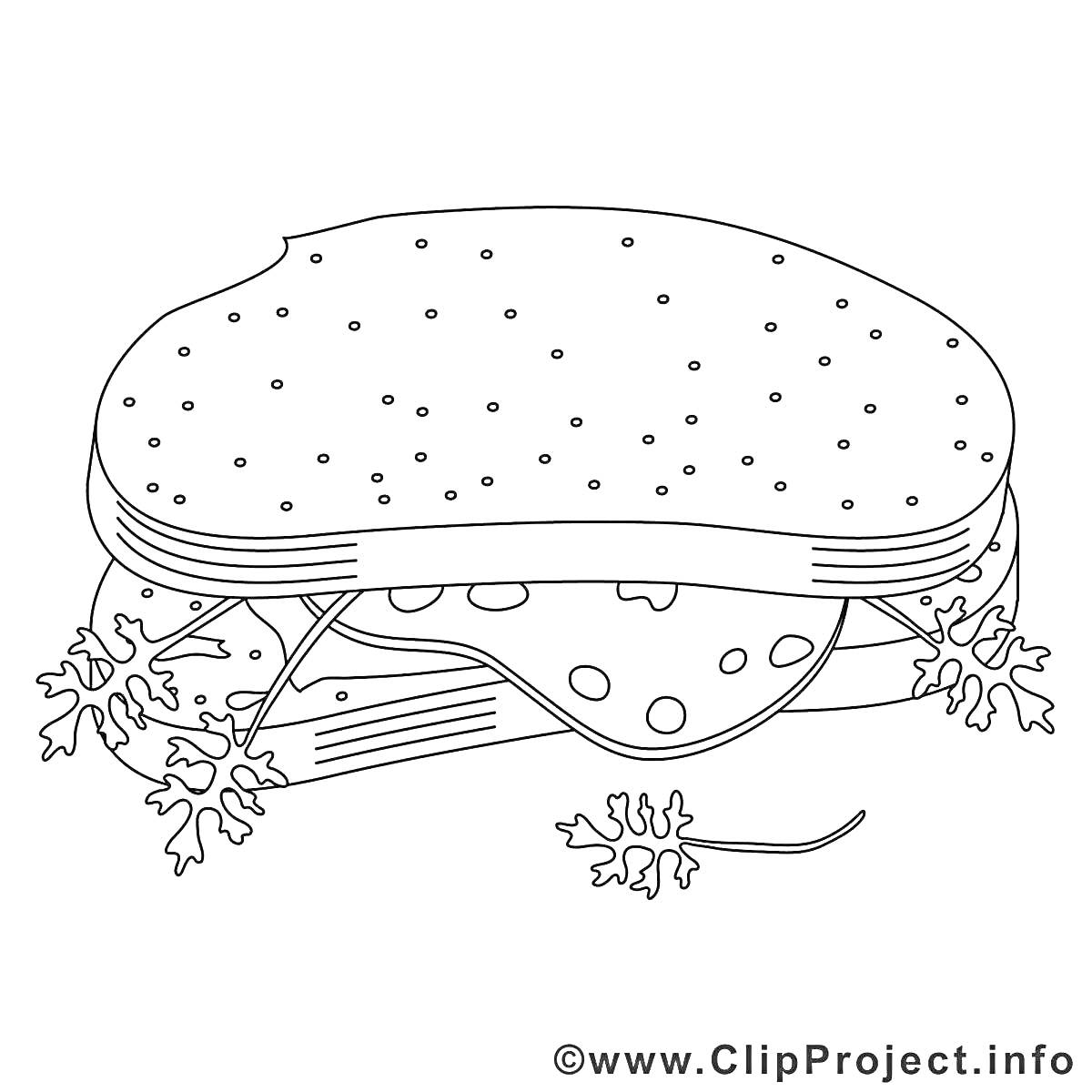 На раскраске изображено: Бутерброд, Колбаса, Сыр, Зелень, Хлеб, Еда