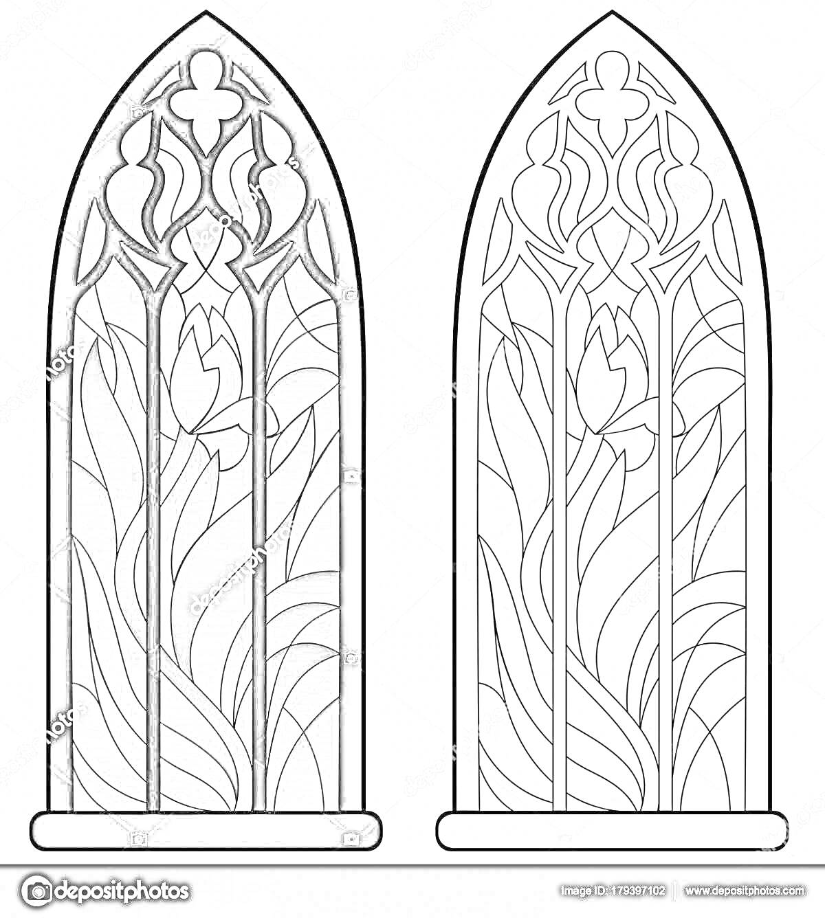 Раскраска Витражное окно с тюльпанами и абстрактным узором