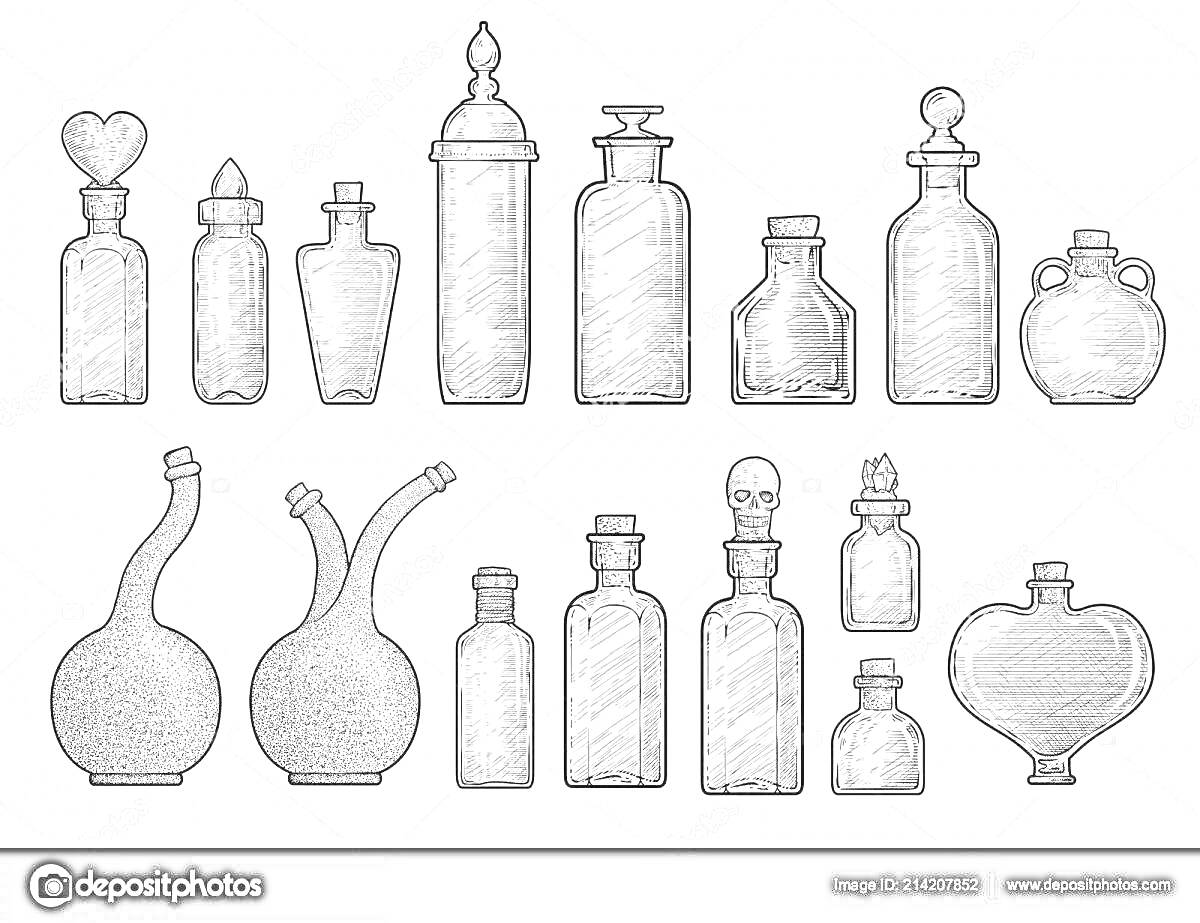 РаскраскаНабор разнообразных бутылок для зелья