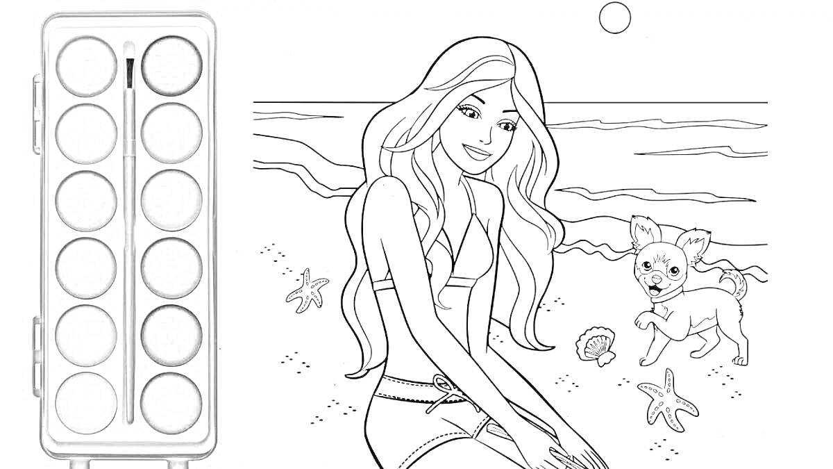 Раскраска Барби на пляже с собакой и морскими звездами, день, солнце, ракушки