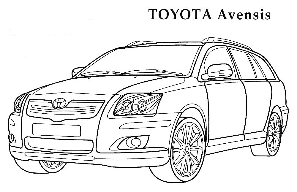 TOYOTA Avensis (лицевой вид автомобиля с колесами, боковыми зеркалами и видимым названием модели)
