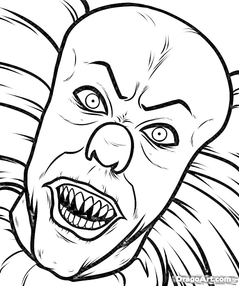 Раскраска Лицо страшного клоуна с оскаленными зубами и устрашающим выражением