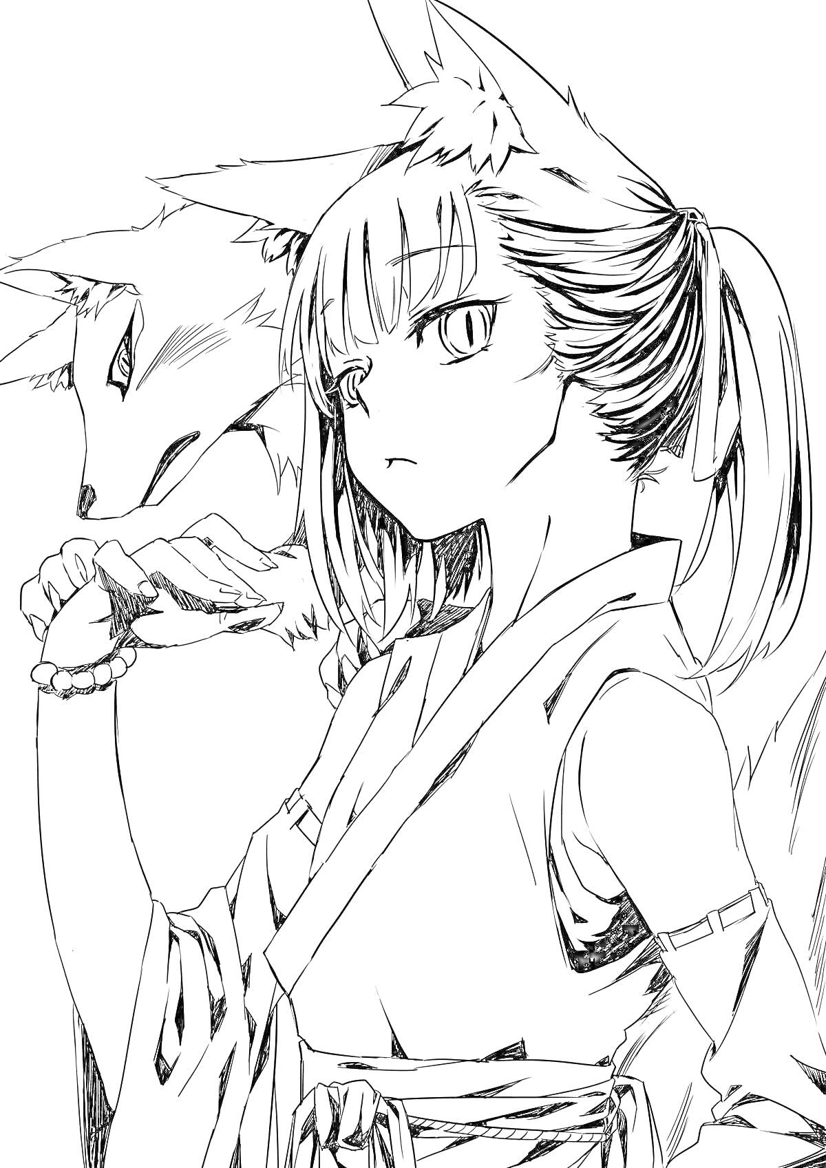 Раскраска Девушка с ушами лисы и лиса на плече