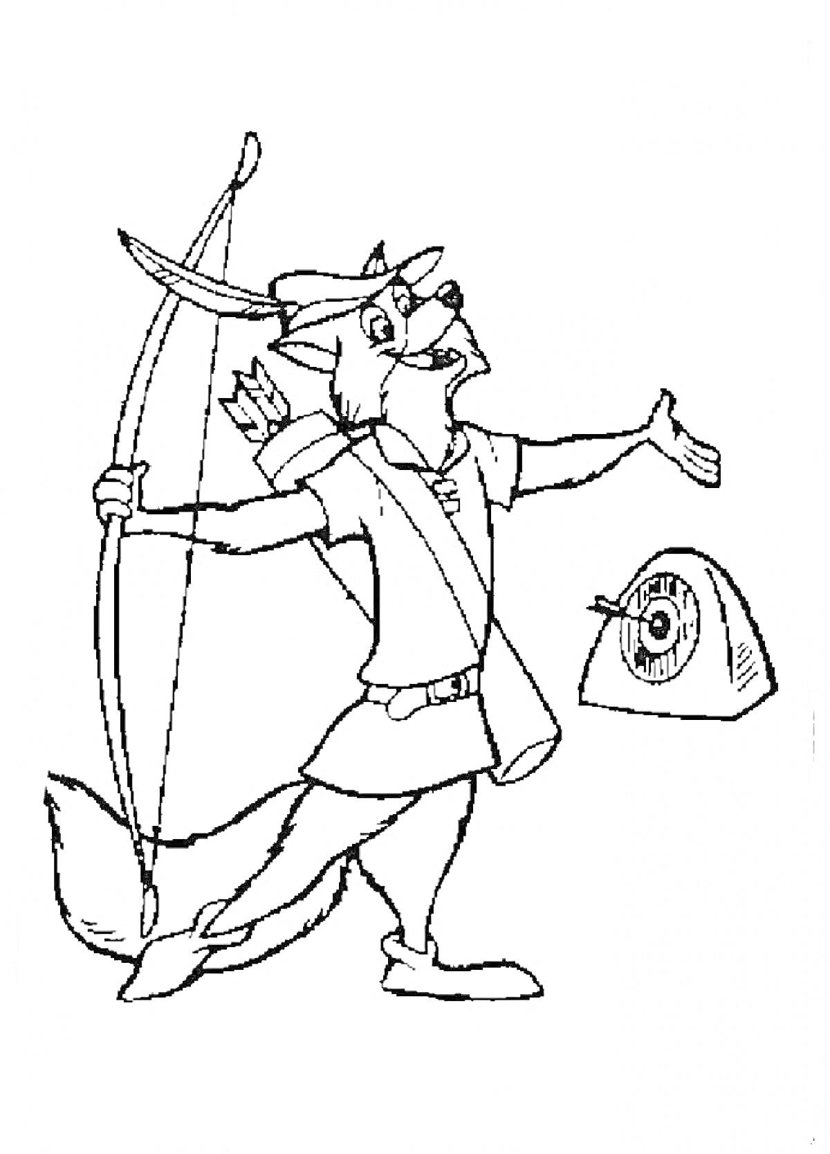 Робин Гуд-лис с луком и стрелой возле мишени