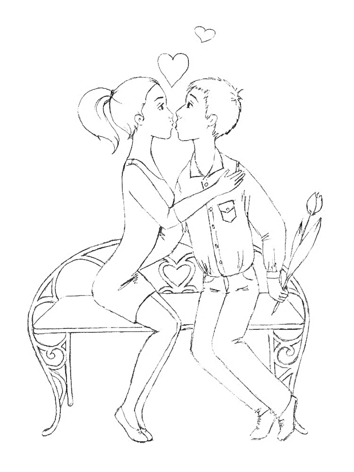 На раскраске изображено: Влюбленная пара, Тюльпаны, Романтика, Поцелуй, Любовь