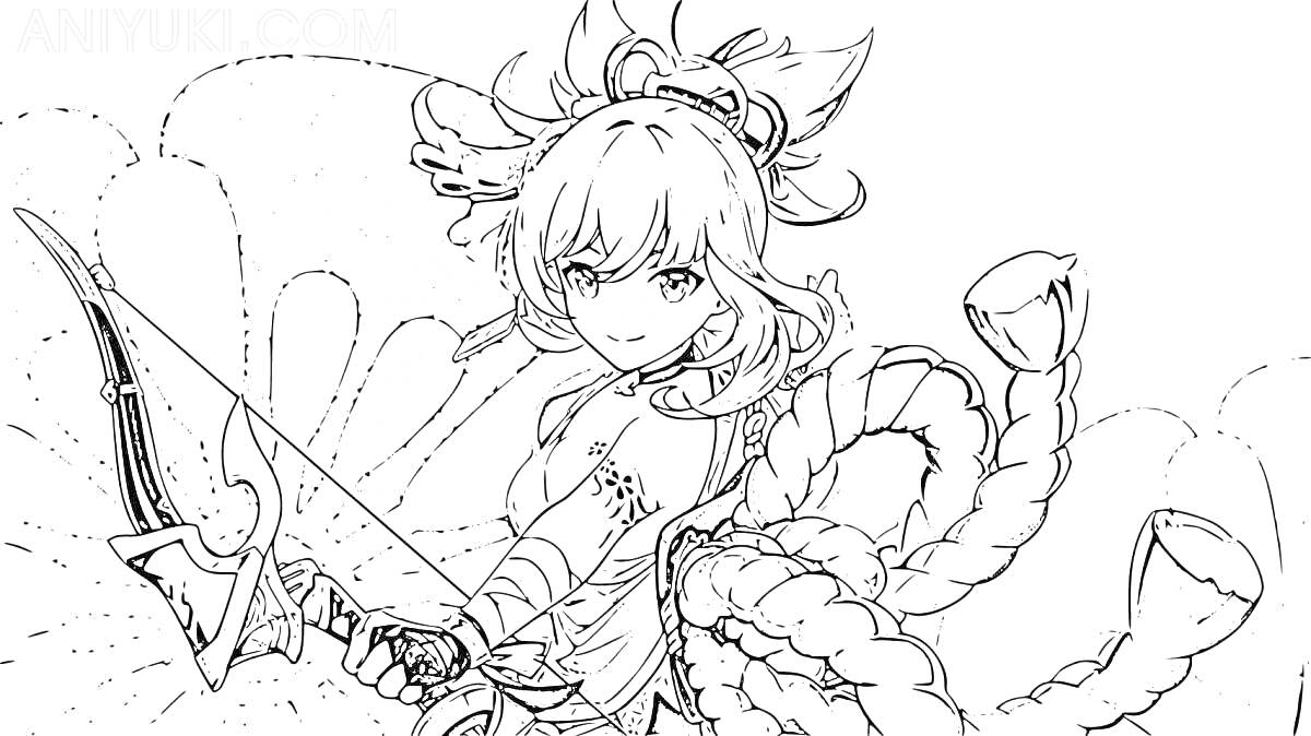 Раскраска Девушка с луком и хвостами в стиле персонажа Сяо из игры 