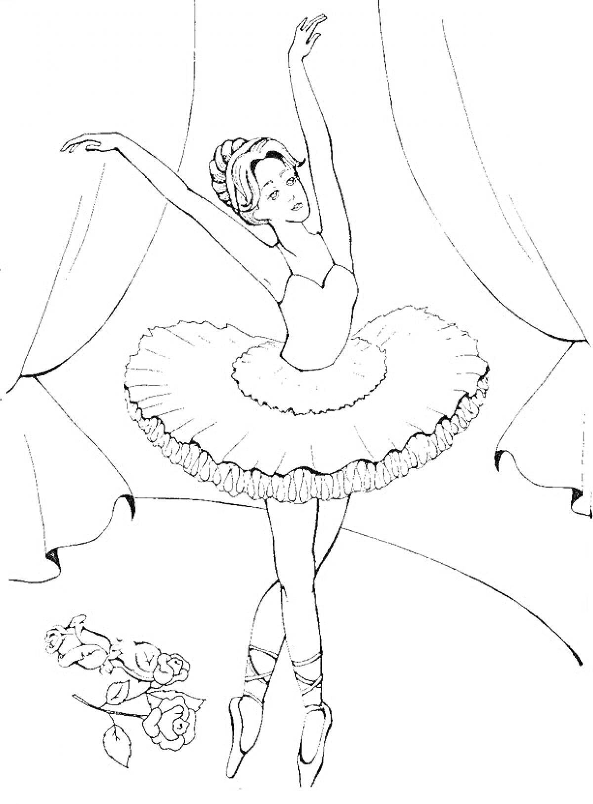 На раскраске изображено: Балерина, Занавес, Розы, Пуанты, Искусство, Балет, Для девочек, Сцены