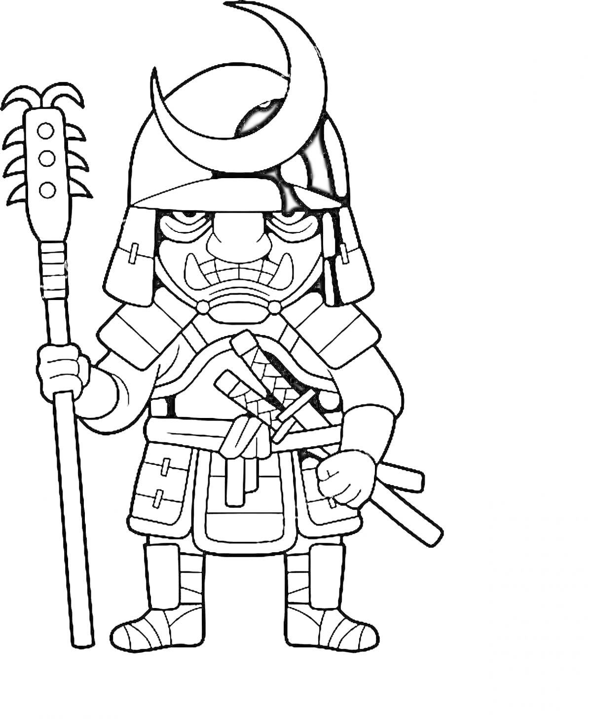Раскраска Сегун в традиционных доспехах с полумесяцем на шлеме, двумя мечами и булавой