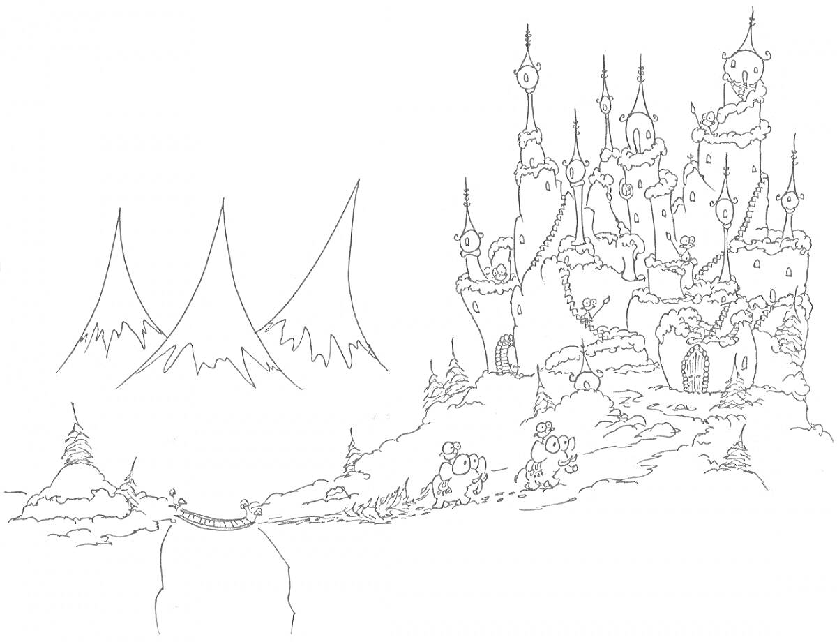На раскраске изображено: Замок, Снежная королева, Зима, Горы, Подвесной мост, Пейзаж, Снег
