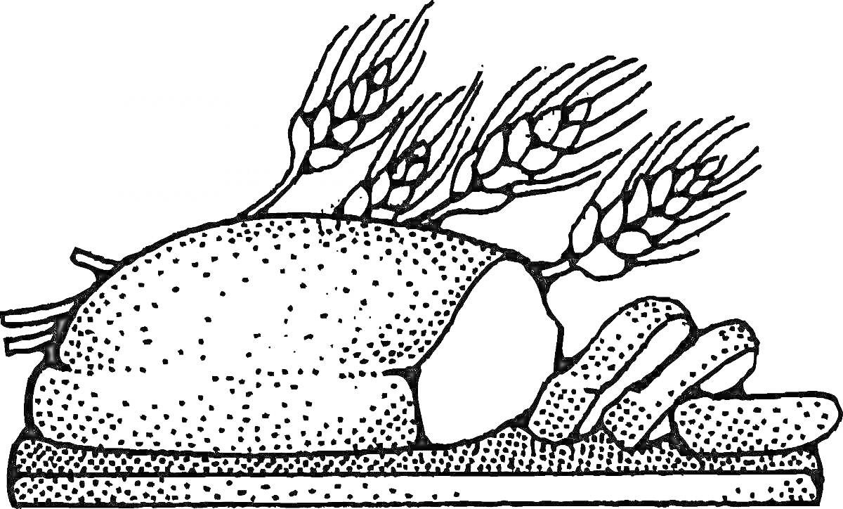 Раскраска Буханка хлеба с срезанными ломтиками на разделочной доске и пшеничные колосья