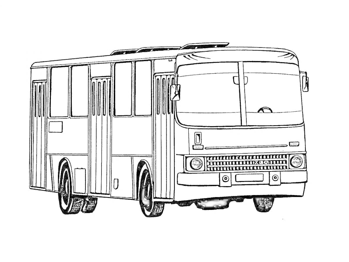 На раскраске изображено: Автобус, ПАЗ, Транспорт, Школьный автобус, Городской транспорт