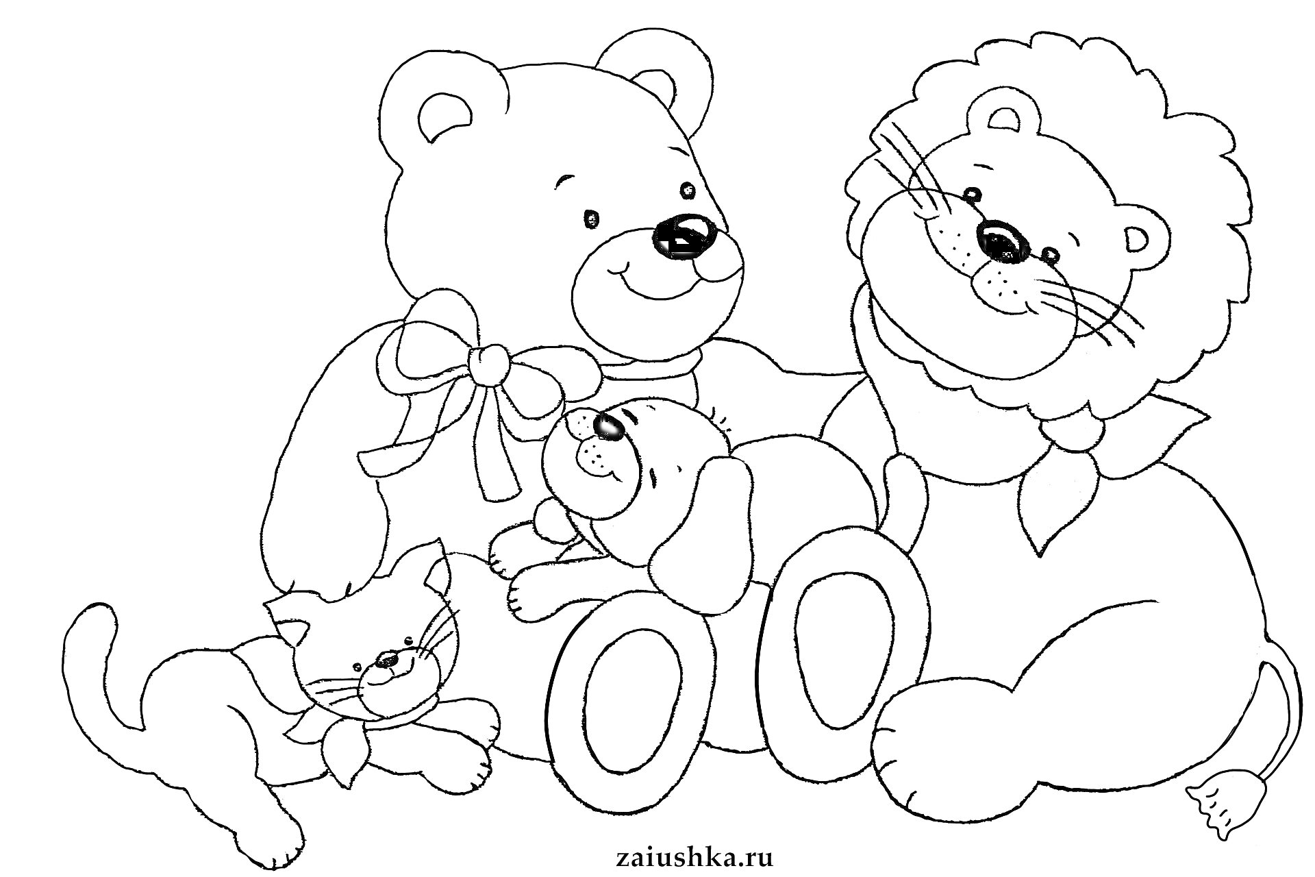 На раскраске изображено: Милый медвежонок, Лев, Животные, Игрушки