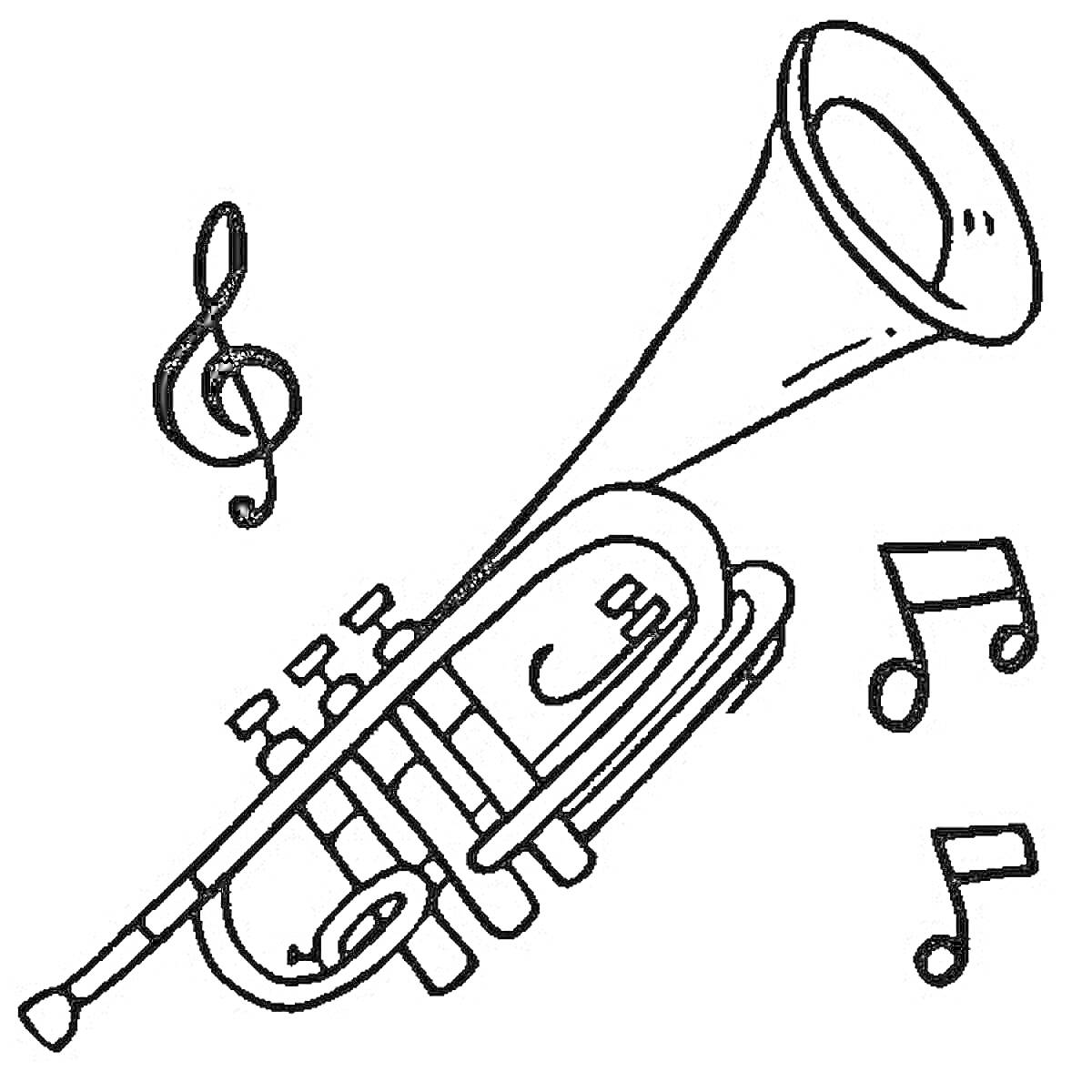 На раскраске изображено: Труба, Музыкальные ноты, Скрипичный ключ, Музыка, Инструмент