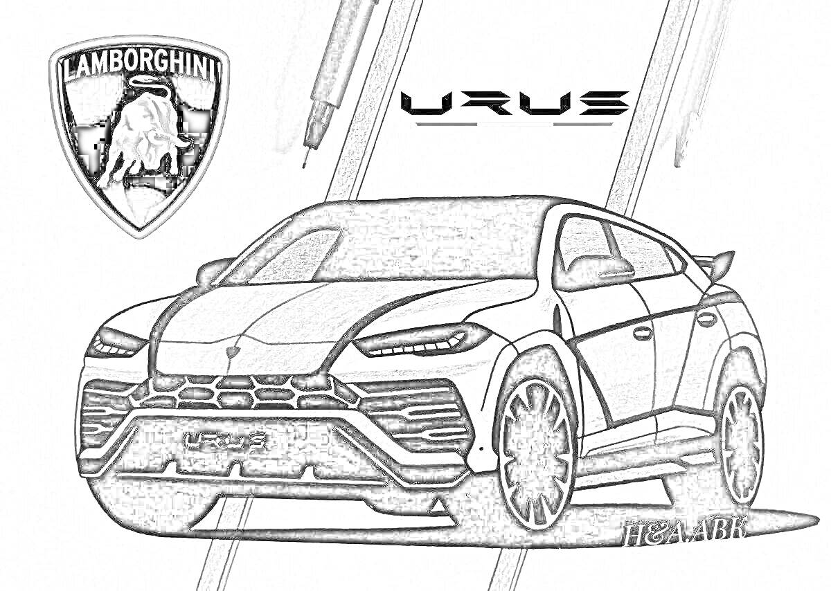 Раскраска Рисунок Lamborghini Urus с логотипом и надписями