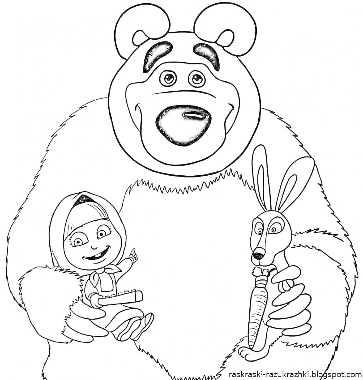Раскраска Маша с медведем, держащим Машу и зайца с морковкой