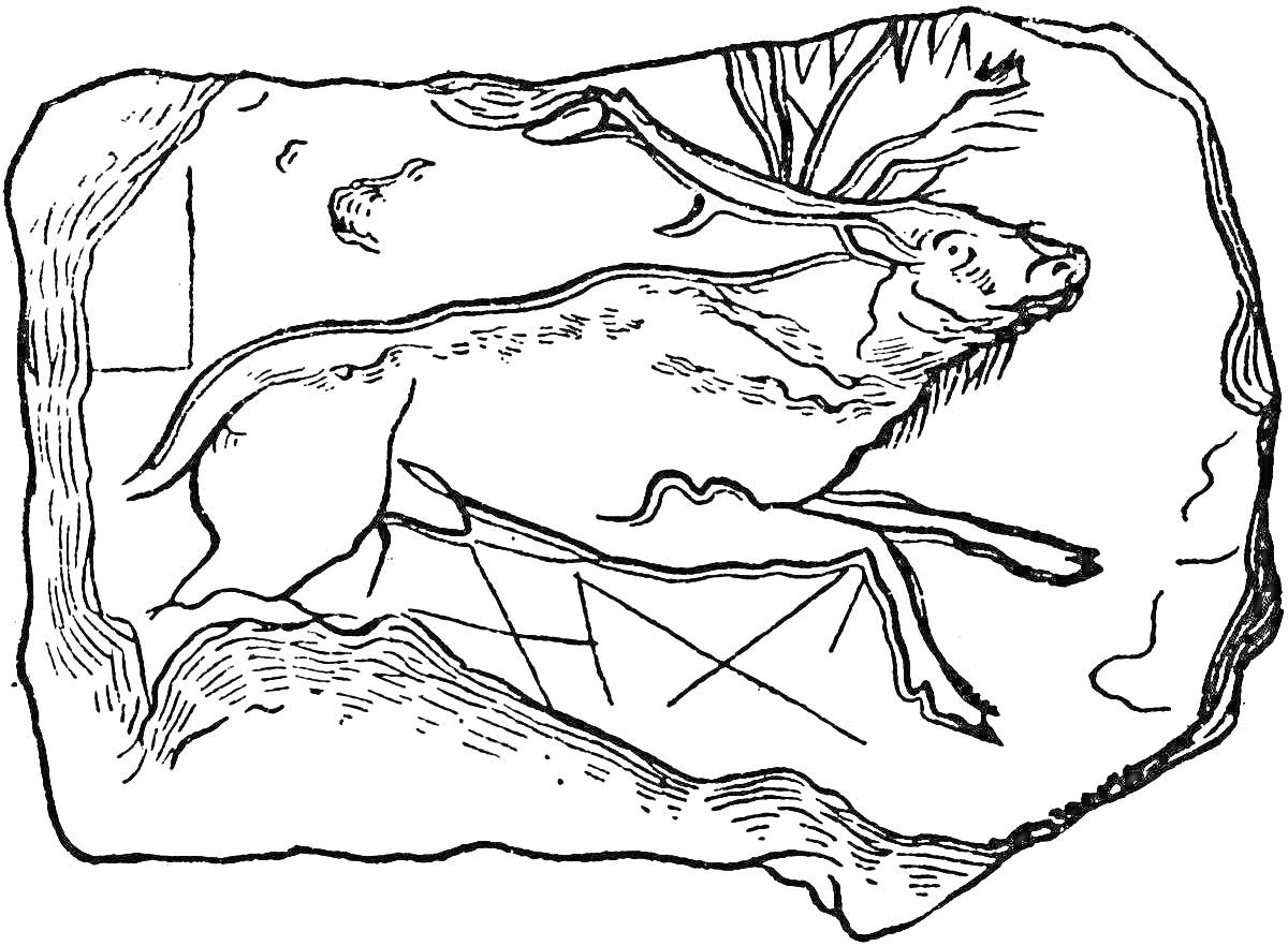Раскраска Искусство каменного века - изображение бегущего оленя на камне с деревом и птицами