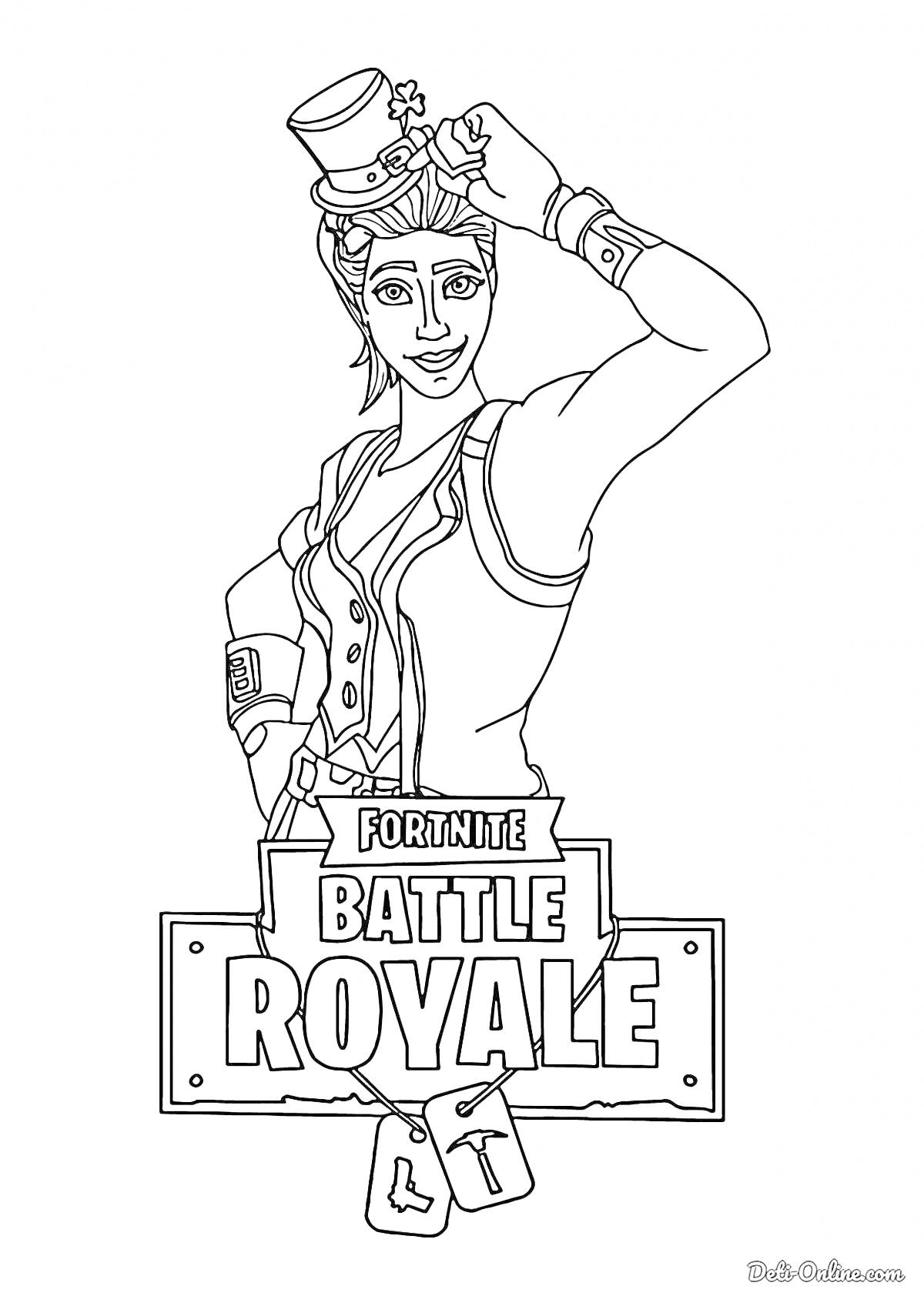 На раскраске изображено: Fortnite, Battle Royale, Персонаж, Шляпа, Карточки, Игра, Женский персонаж