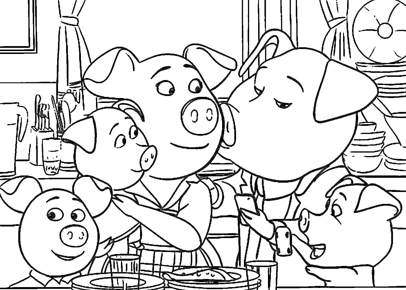 На раскраске изображено: Свиньи, Кухня, Посуда, Из мультфильмов