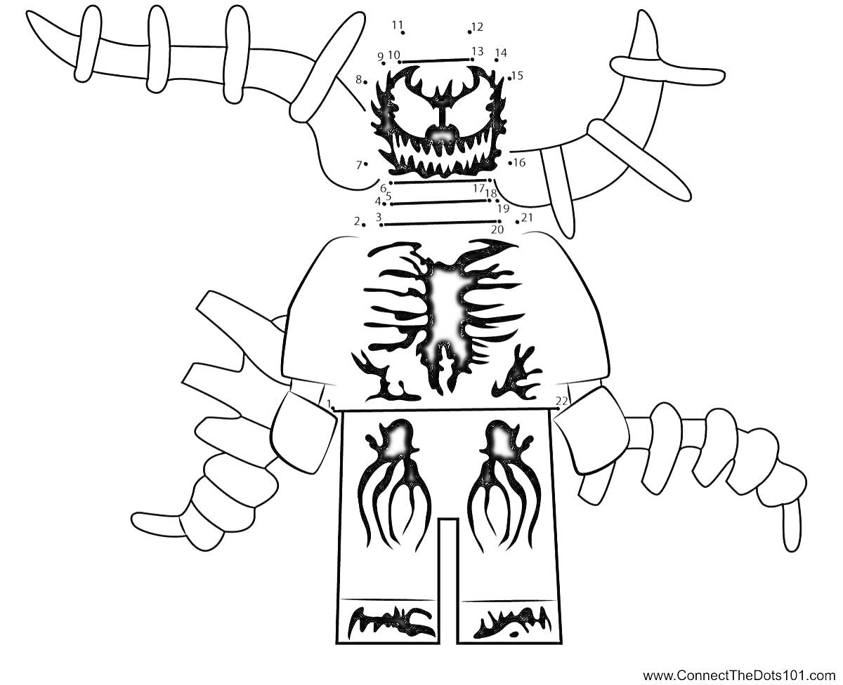 Раскраска Лего-фигура гидра Гуджитсу с щупальцами, зубастым ртом и паукообразным рисунком на туловище.