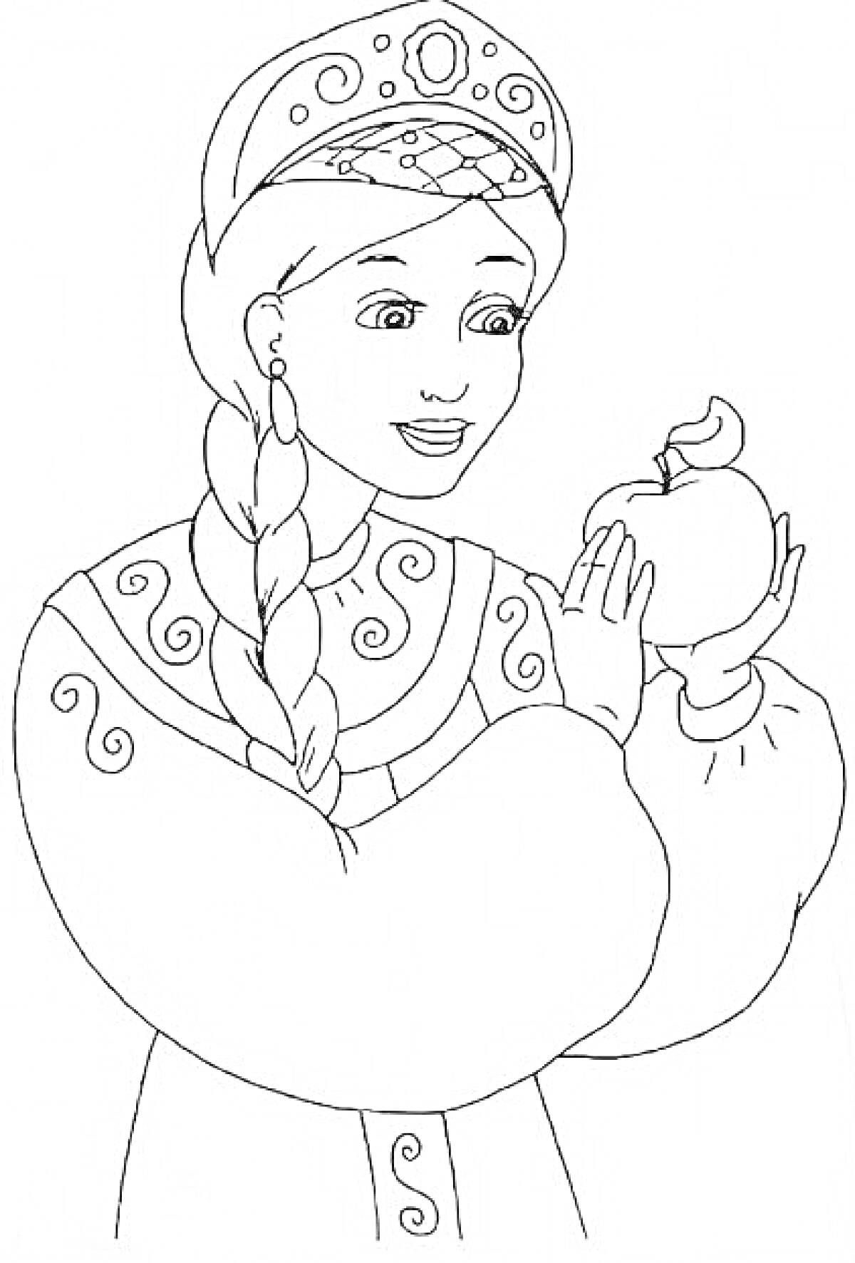 Царевна с косой в кокошнике держит яблоко