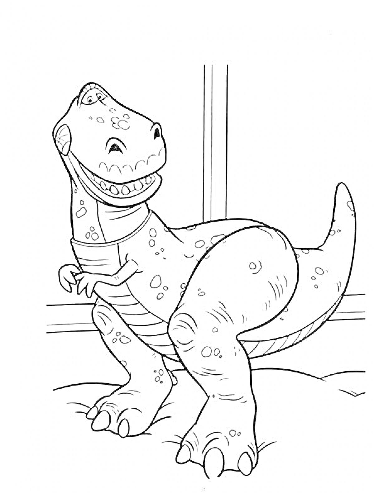 динозавр с механическим ошейником, стоящий на покрывале в комнате