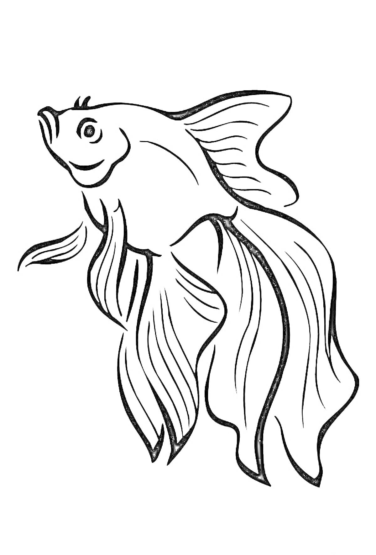 На раскраске изображено: Золотая рыбка, Рыба, Длинные плавники, Для детей, Животные, Морская жизнь