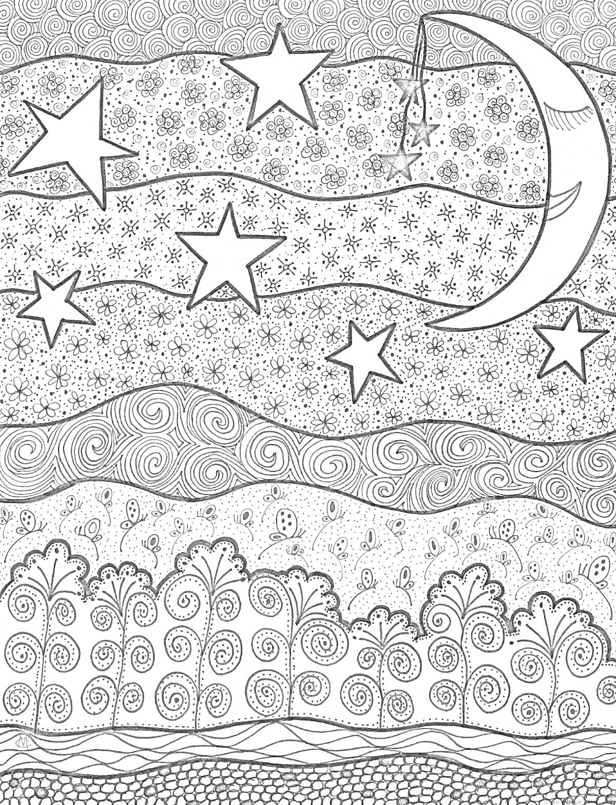 На раскраске изображено: Ночь, Звезды, Луна, Лес, Деревья, Небо, Облака, Природа