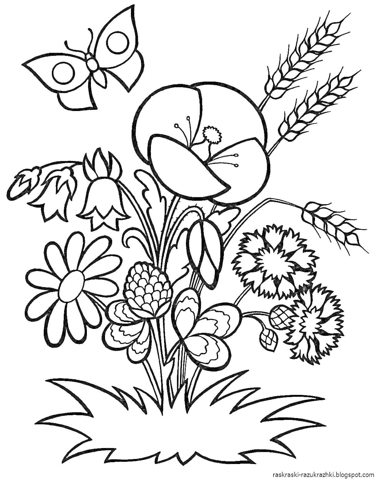 На раскраске изображено: Цветы, Бабочка, Для детей, Растительность, Природа, Луг