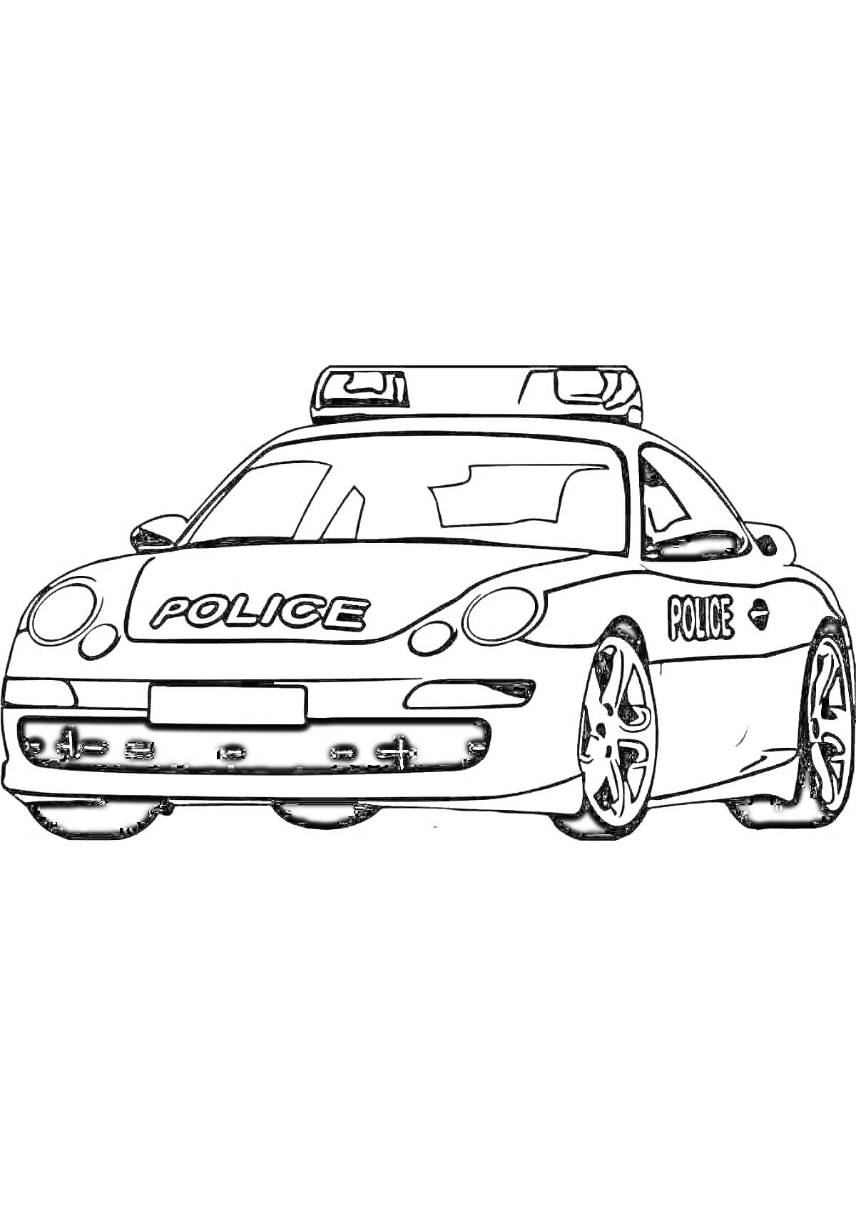 На раскраске изображено: Полиция, Бмв, Мигалки, Служебный автомобиль