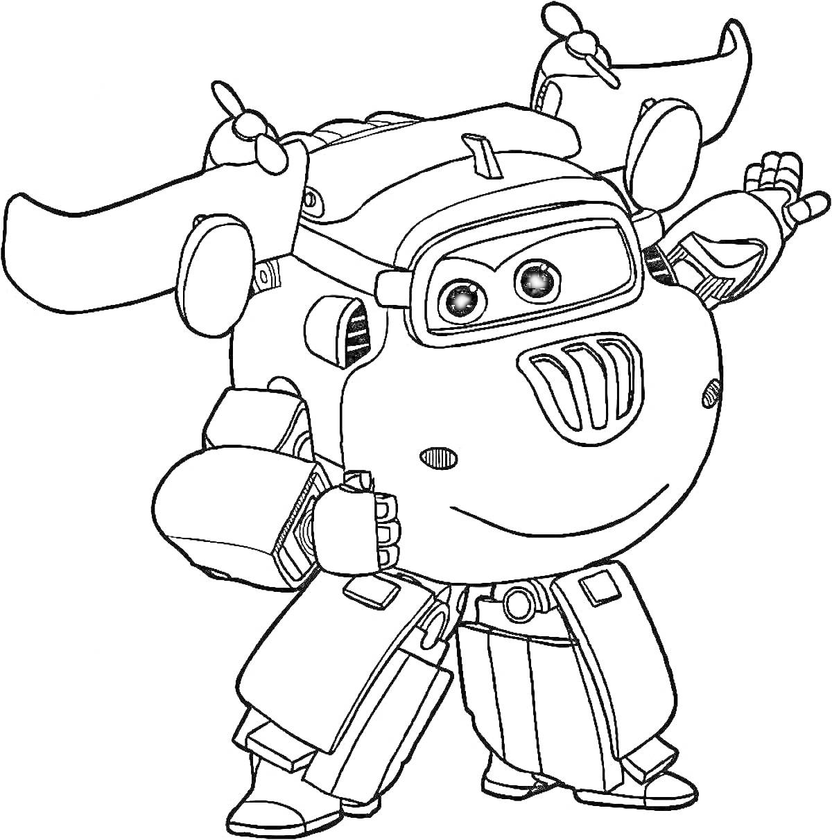 Раскраска суперджет со рогами и вертолетными пропеллерами, с поднятой правой рукой, большой головой, улыбающийся, с большими глазами, в очках, с одним большим металлическим зубом, в брючном костюме, с летающими рогами